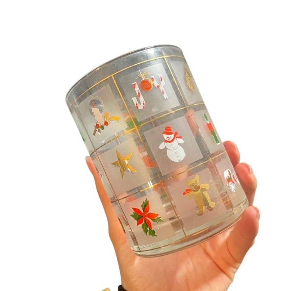 Culver Vintage Christmas Joy Glassware Set 6 DOF Glasses Shot Glass 22k Gold USA
